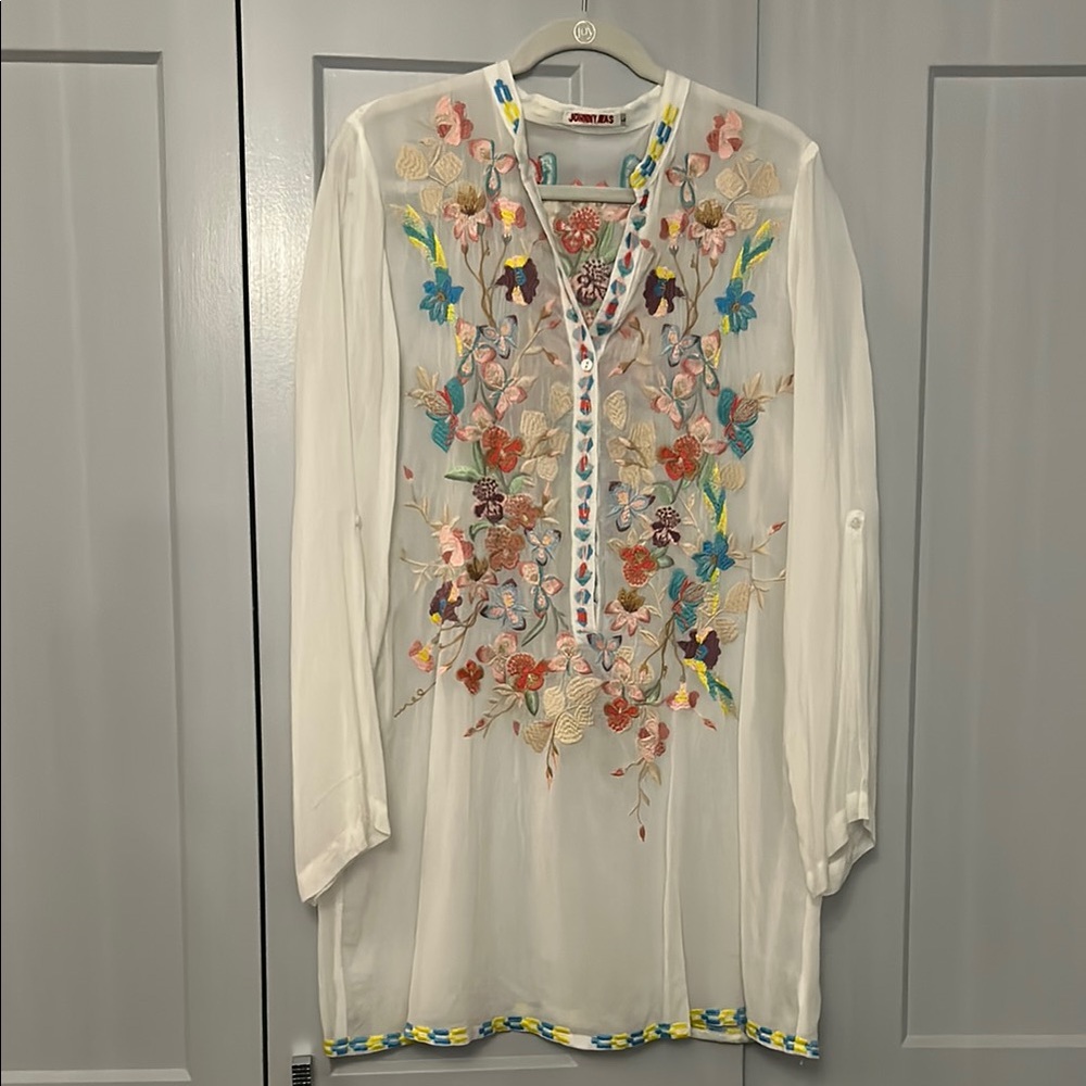 Embroidered White Sheer Tunic Top - Floral Detail